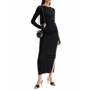 GANNI Soft Cotton Rib Long Sleeve Maxi Dress Black Ruched NWT Size Large